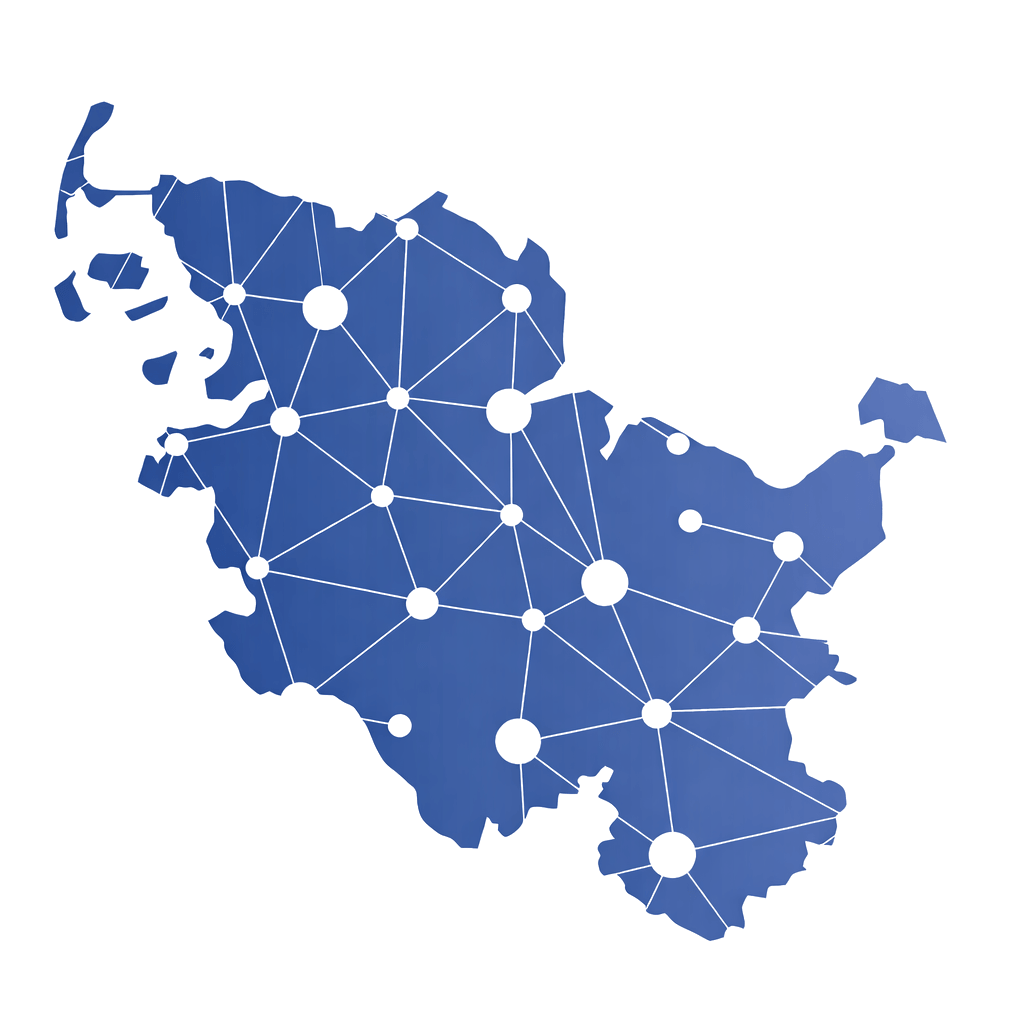Abbildung einer blau gefärbten Landkarte in der Form von Schleswig-Holstein. Auf der Karte sind weiße Punkte und Linien zu sehen, die miteinander verbunden sind und ein Netzwerk darstellen.